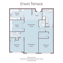 A floor plan of the Erwin Terrace Diamond Suite, showing a living room, two bedrooms, a study, a dining area, a kitchen, and a foyer.