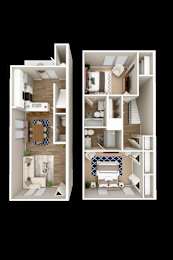 A diagram of a house with two rooms and a bathroom.