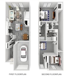 Two floor plans of a small apartment with a car.