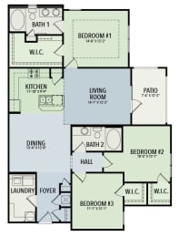 Floor Plan for the Floyd in 2D. A 3 Bedroom 2 Bathroom layout.