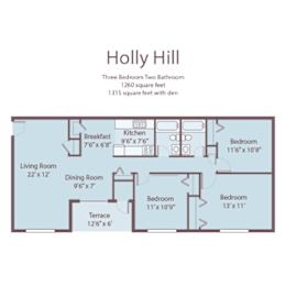 A floor plan of a three bedroom, two bathroom apartment.