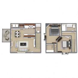 Two images of a house layout with a kitchen, living room, and bedrooms.