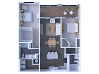 A floor plan of a house with a kitchen, living room, dining room, and two bedrooms.