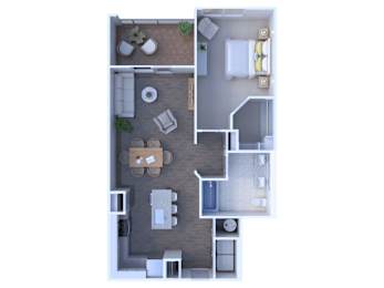A top-down view of a small apartment with a kitchen, living room, and bedroom.