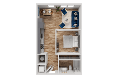 A top-down view of a small apartment with a bedroom, living room, and kitchen area.