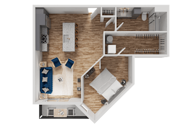 A top-down view of a house layout with a kitchen, living room, and dining area.