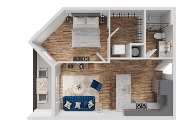A 3D rendered image of a modern apartment layout.