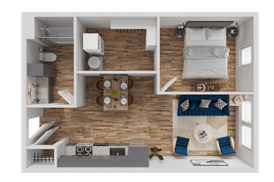 A 3D rendered image of a modern apartment layout.
