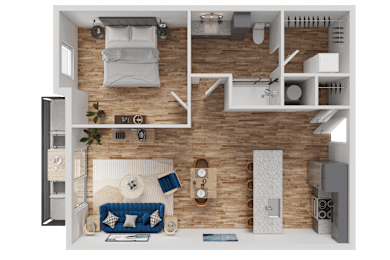 A 3D floor plan of a small apartment with a living room, kitchen, and bedroom.