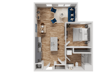 A top-down view of a small apartment with a kitchen, living room, and bathroom.