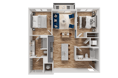 A detailed 3D floor plan of a small apartment layout.