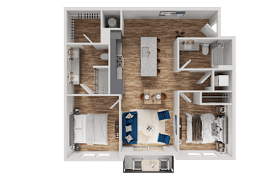 A top-down view of a small apartment layout with a kitchen, living room, and bedrooms.
