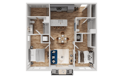 A top-down view of a small apartment layout with a kitchen, living room, and bedrooms.
