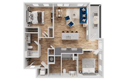 A top-down view of a well-organized apartment layout.