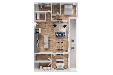 A 3D floor plan of a small apartment with a kitchen, living room, and bathroom.
