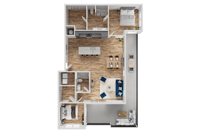 A detailed 3D floor plan of a small apartment.