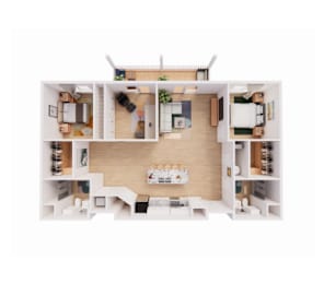 A top-down view of a house layout with a living room, kitchen, and bedrooms.