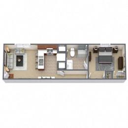 A floor plan of a house with a kitchen, living room, and two bedrooms.