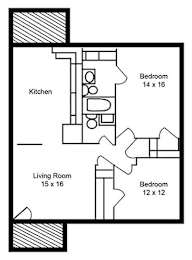 A black and white image of a floor plan for a home with a kitchen, living room, and two bedrooms.