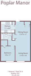 A floor plan of a Poplar Manor with a kitchen, dining room, living room, and two bedrooms.