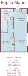 A floor plan of a Poplar Manor with a kitchen, dining room, living room, and two bedrooms.