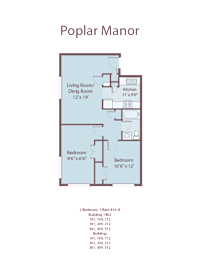 A floor plan of a Poplar Manor apartment with a living room, dining room, kitchen, and two bedrooms.