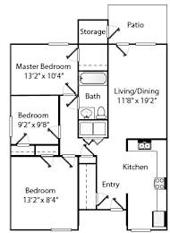 A floor plan of a home with a master bedroom, two additional bedrooms, a living/dining area, a kitchen, and a patio.