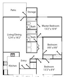 A floor plan of a home with a living room, two bedrooms, a kitchen, a storage area, a patio, and a bathroom.