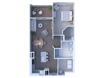A floor plan of a small apartment with a kitchen, living room, and bathroom.