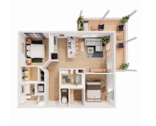 A 3D floor plan of a house with a kitchen, living room, and bathroom.