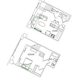 A floor plan of a house with a kitchen, living room and bedroom.