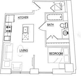 A floor plan of a small apartment with a kitchen, living room, and bedroom.