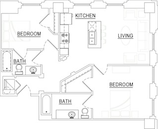 A floor plan of a house with a kitchen, living room, and two bedrooms.