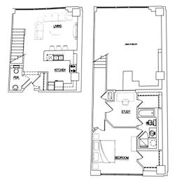 A floor plan of a house with a living room, kitchen, study, and bedroom.