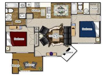 A floor plan of a house with a living room, dining room, kitchen, and two bedrooms.
