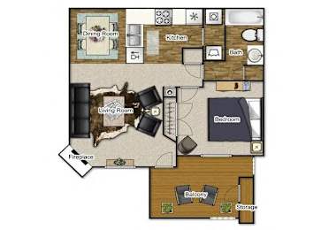 A floor plan of a house with a living room, dining room, kitchen, two bedrooms, a fireplace, and storage.