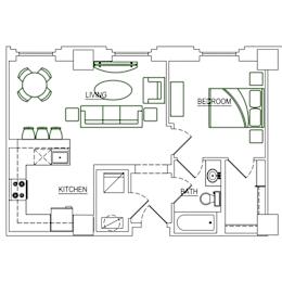 A floor plan of a small apartment with a living room, kitchen, and bedroom.