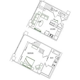 A floor plan of a house with a kitchen, living room and bathroom.