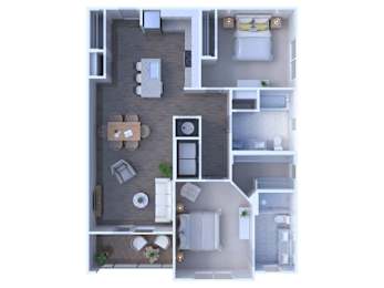 A top-down view of a small apartment with a kitchen, living room, and bathroom.