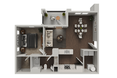 A 3D rendered image of a small apartment layout.