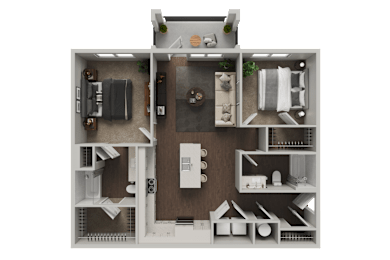A 3D floor plan of a small apartment with a kitchen, living room, and bathroom.