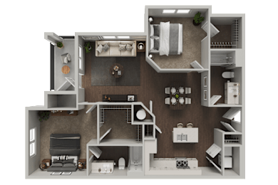 A 3D rendered image of a modern apartment layout.