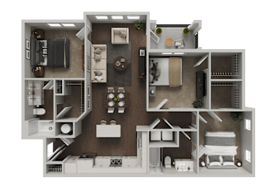 A detailed 3D floor plan of a two-story apartment.