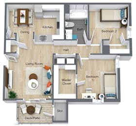 A floor plan of a house with a living room, kitchen, dining room, and two bedrooms.