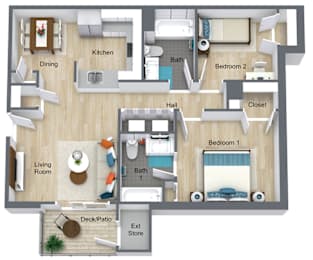 A floor plan of a house with two bedrooms, a living room, a kitchen, a dining room, a hallway, a closet, a deck/patio, and an exterior store.