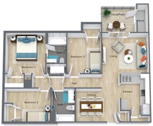 A floor plan of a house with a deck, two bathrooms, two bedrooms, a living room, a dining room, a kitchen, and a storage area.