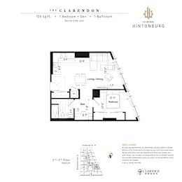 A floor plan for a 725 square foot barrier-free unit with one bedroom and one bathroom.