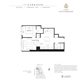 A floor plan for a property at The Garrison shows a 1 bedroom and 1 bathroom layout.