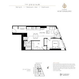 A floor plan for a 780 square foot apartment with one bedroom and one bathroom.