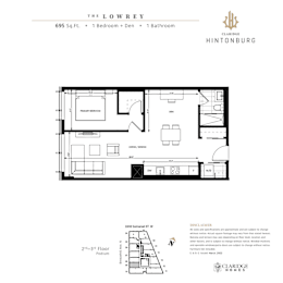 A floor plan for a 695 square foot home with one bedroom and one bathroom.
